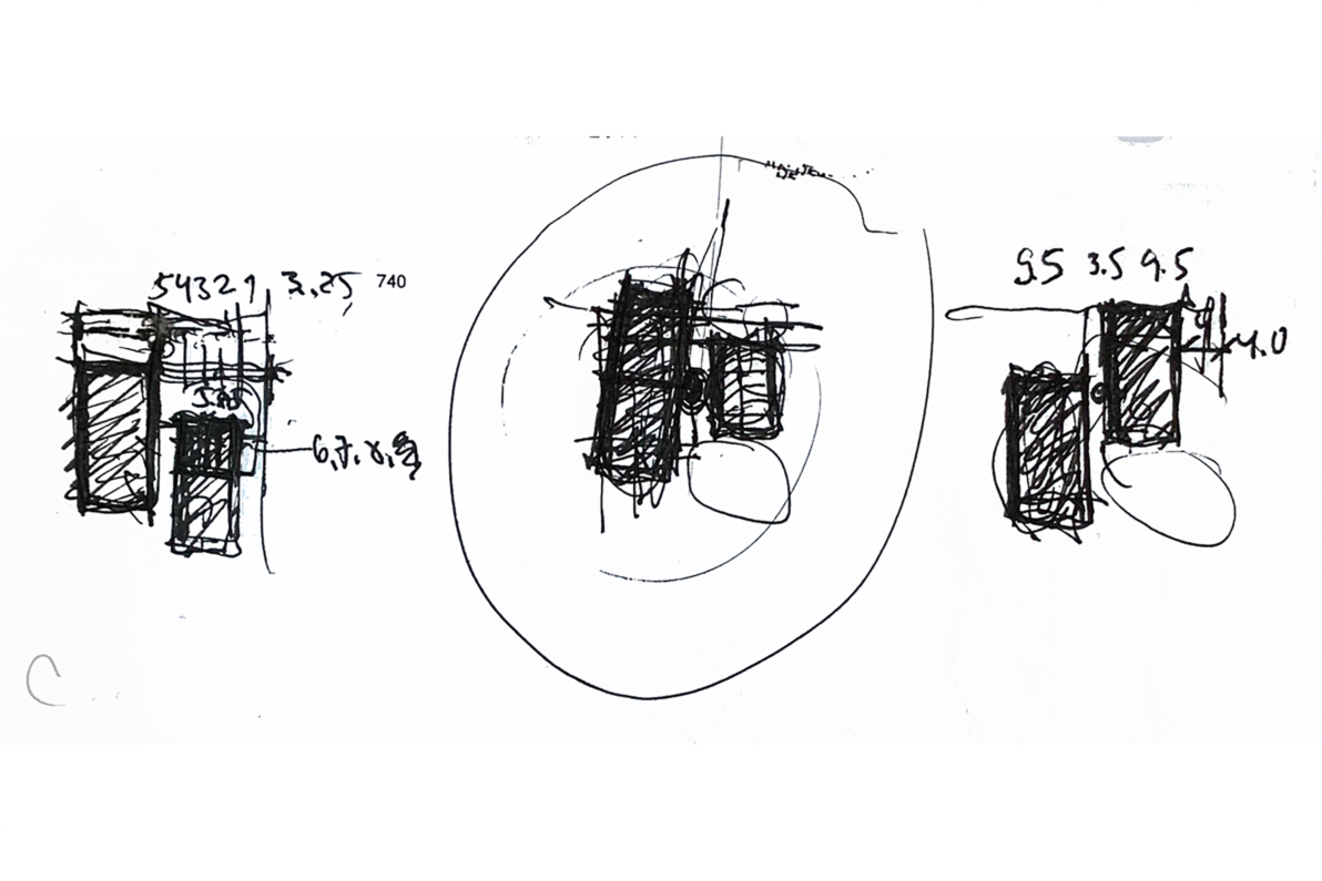 Skizzen zum Grundriss: Version 1, Version 2 (umkreist), Version 3