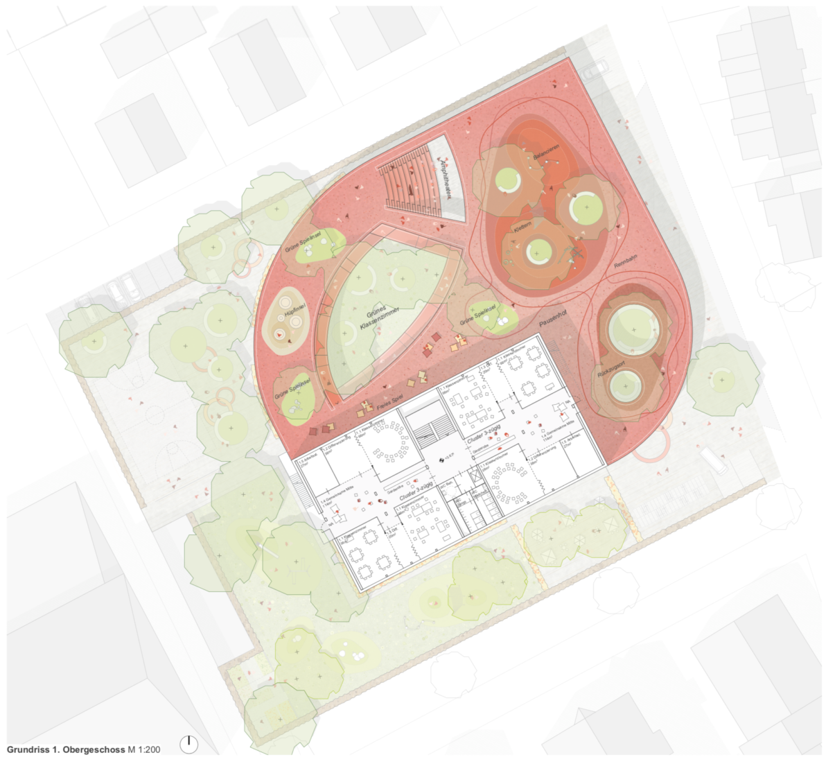 Grundriss 1. Obergeschoss buerohauser Wettbewerbsbeitrag Umbau eines Gemeinschaftsschulgebäudes in eine Grundschule und Errichtung einer Einfeld-Sporthalle Bietigheim 2021