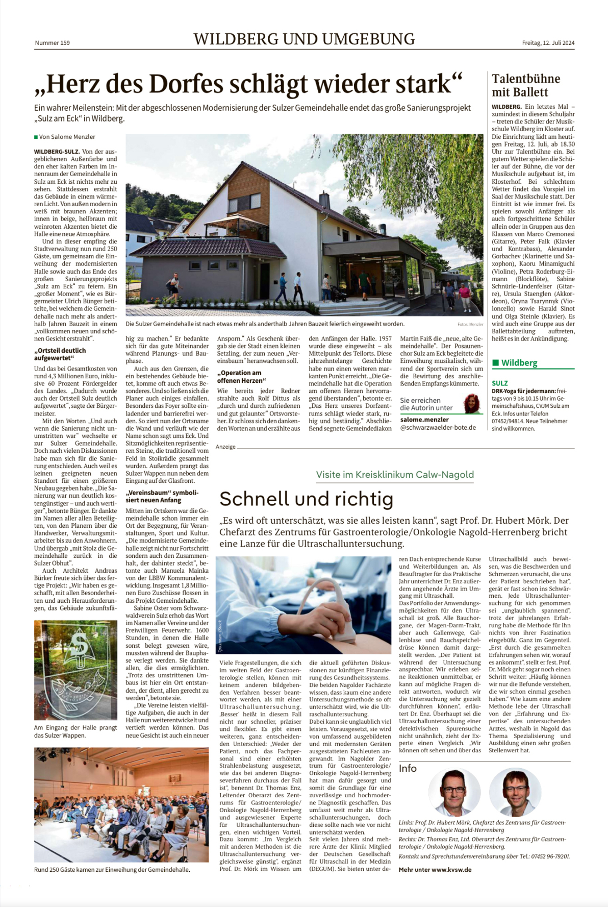 Zeitungsartikel im Schwarzwälder Bote zur Wiedereröffnung der Gemeindehalle in Wildberg-Sulz am Eck